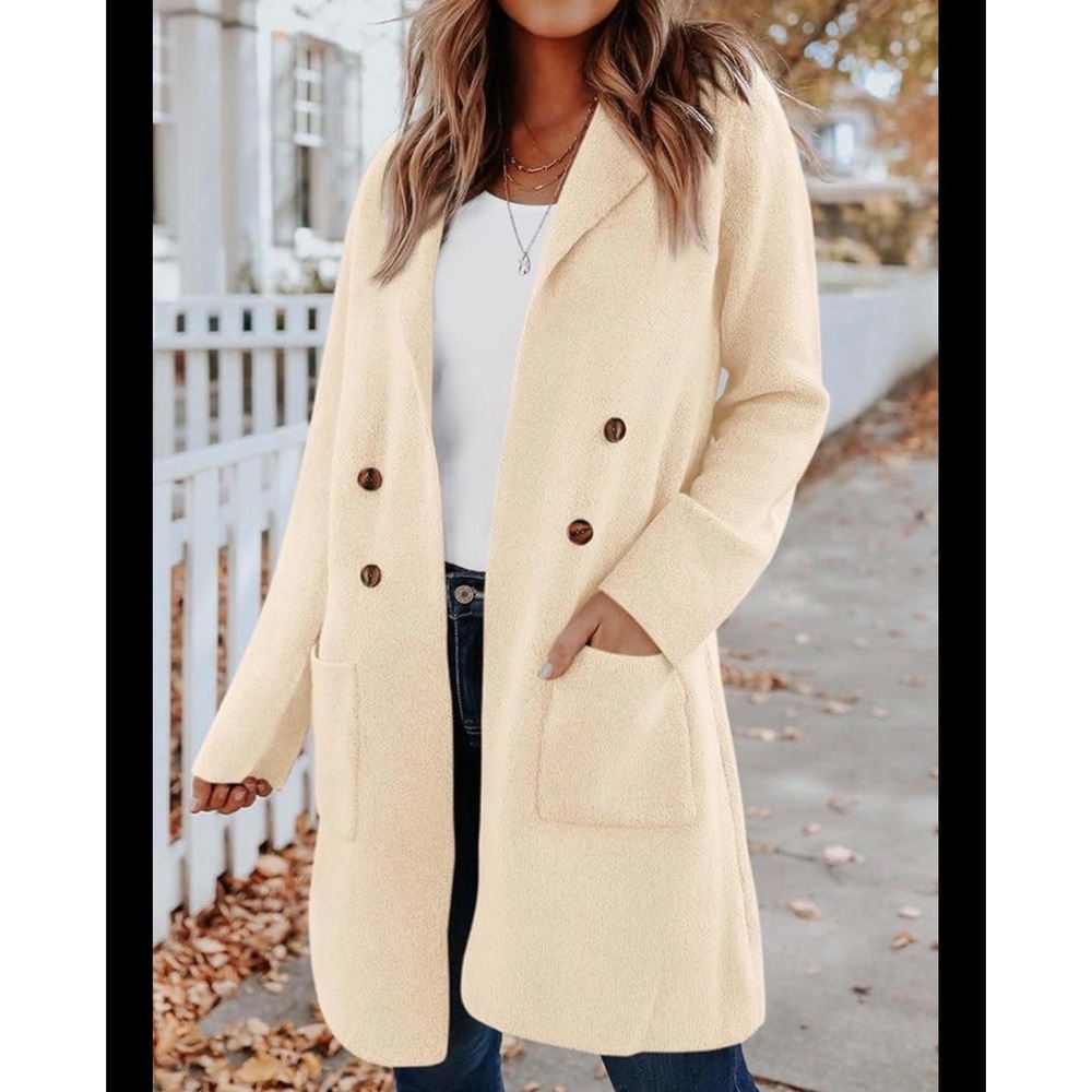 Beige Double Breasted Knit Cardigan Coat XL‎ Long Sleeve Pocketed Blazer